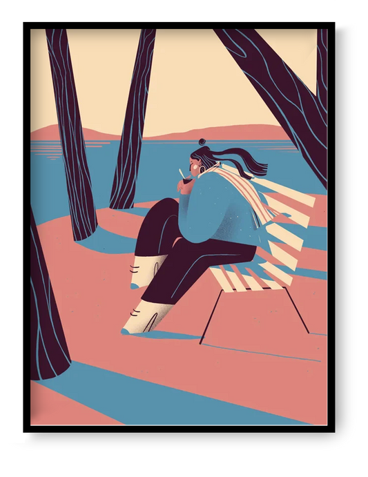 “Autumn” by Gheleyne Bastiaen – 30x40 cm art print of a woman sitting by the lake, sipping wine, with flowing scarf and soft shadows in pink, blue and cream tones, digital Belgian illustration.