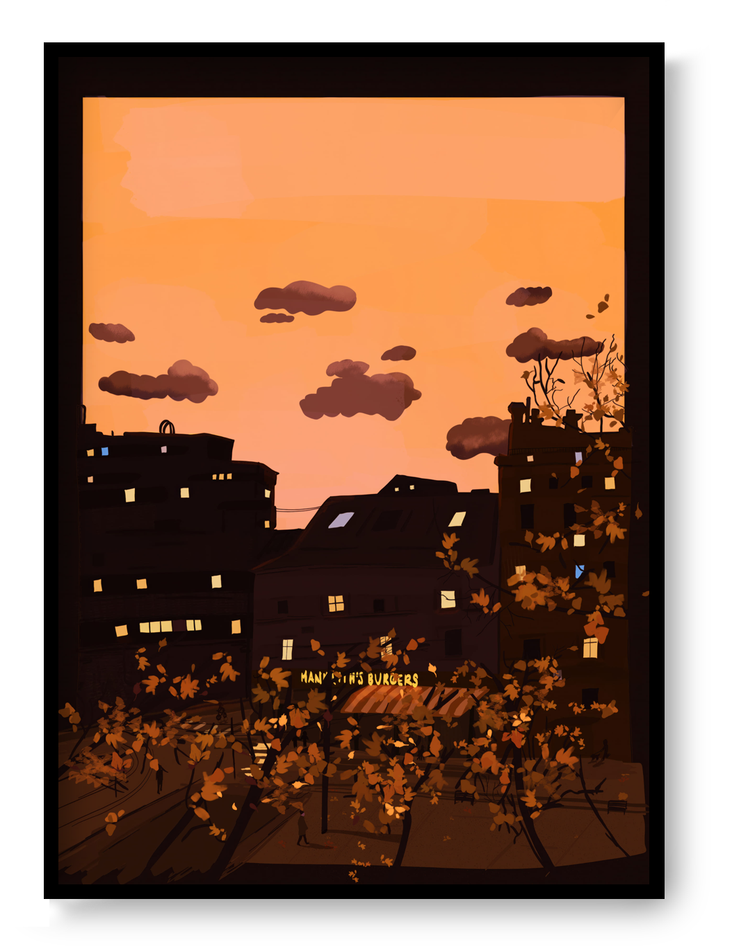 Autumn at the Groenplaats fine art giclée print by Valeria Maggiani, warm sunset cityscape illustration of Antwerp with glowing windows, autumn trees and cozy urban atmosphere, A4 cotton paper wall art for modern home decor.