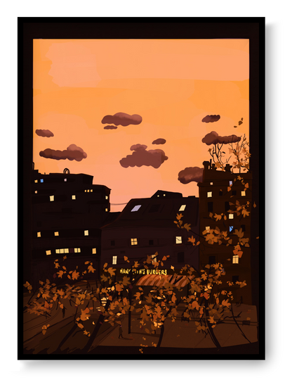 Autumn at the Groenplaats fine art giclée print by Valeria Maggiani, warm sunset cityscape illustration of Antwerp with glowing windows, autumn trees and cozy urban atmosphere, A4 cotton paper wall art for modern home decor.