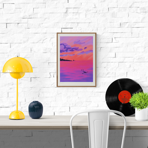 Vibrant sunset seascape illustration by Linde Raats titled 'Azores,' depicting a dreamy ocean view in striking shades of pink, purple, and coral. A lone swimmer floats peacefully in the glowing water as dramatic clouds stretch across the colorful sky—an evocative and serene print inspired by the Azores, perfect for lovers of tranquil landscapes and bold contemporary color palettes