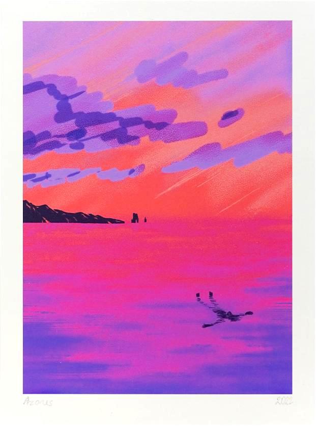 Vibrant sunset seascape illustration by Linde Raats titled 'Azores,' depicting a dreamy ocean view in striking shades of pink, purple, and coral. A lone swimmer floats peacefully in the glowing water as dramatic clouds stretch across the colorful sky—an evocative and serene print inspired by the Azores, perfect for lovers of tranquil landscapes and bold contemporary color palettes
