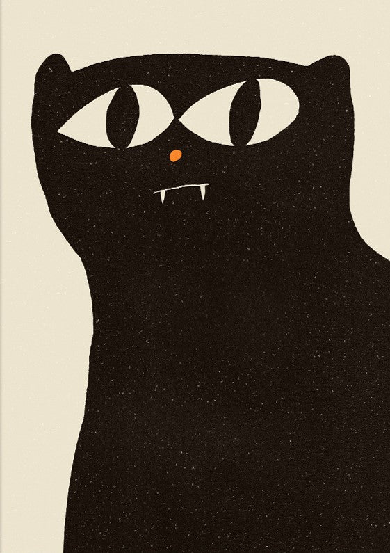 Minimalist black cat art print by Enikő Eged, featuring a bold black cat with large white eyes, tiny fangs and an orange nose on a soft cream background.