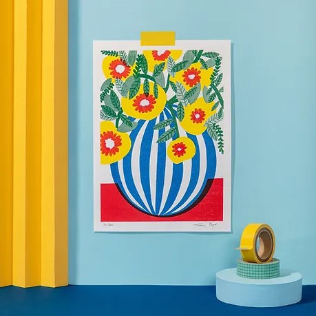 Blue Stripes Pot by Teresa Rego – colorful botanical art print featuring a bold blue-and-white striped vase with vibrant yellow, red, and green flowers, modern floral illustration for home decor, available at Galerie Frits