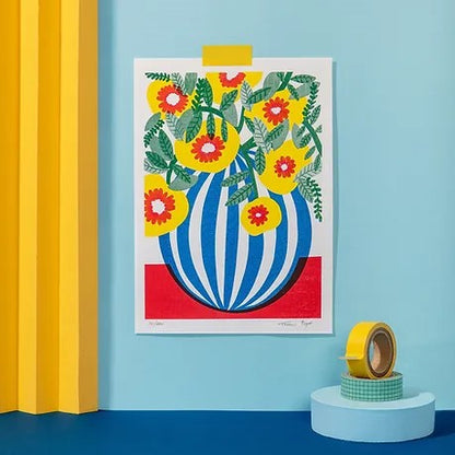 Blue Stripes Pot by Teresa Rego – colorful botanical art print featuring a bold blue-and-white striped vase with vibrant yellow, red, and green flowers, modern floral illustration for home decor, available at Galerie Frits