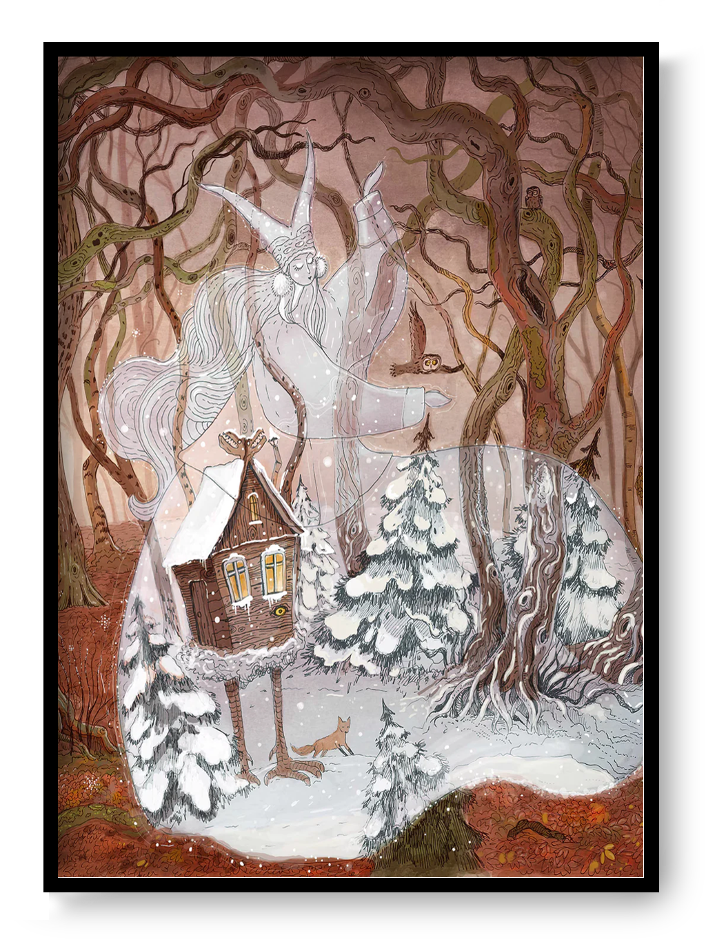 Enchanting winter illustration Baba Yaga’s Cabin by Lena Yampolski — giclée art print featuring a magical hut on chicken legs in a snowy forest, inspired by Slavic folklore and Andersen’s Snow Queen. Perfect fairy-tale wall art for cozy homes and kids’ rooms.