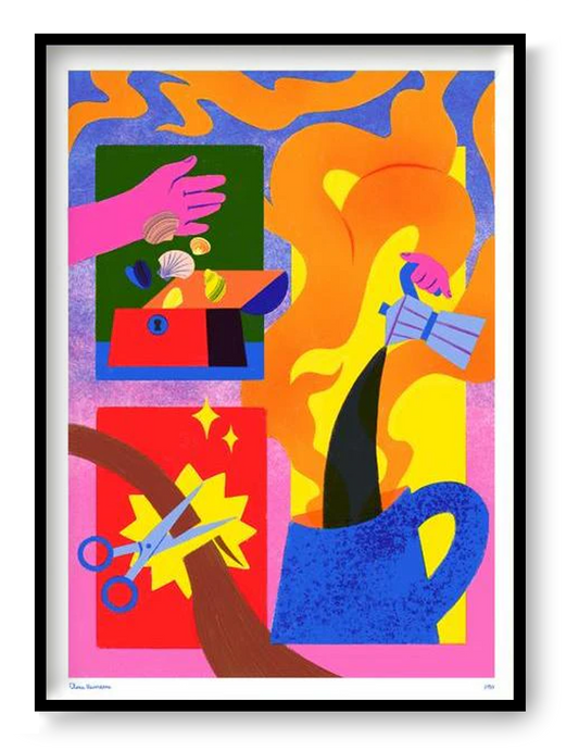 Limited edition A3 risograph print titled “Back to Business” by Clara Hinoveanu, featuring vibrant abstract figures, expressive hands, and everyday work symbols in bold pink, orange, blue, and yellow tones, printed on Munken Print White paper in Belgium.