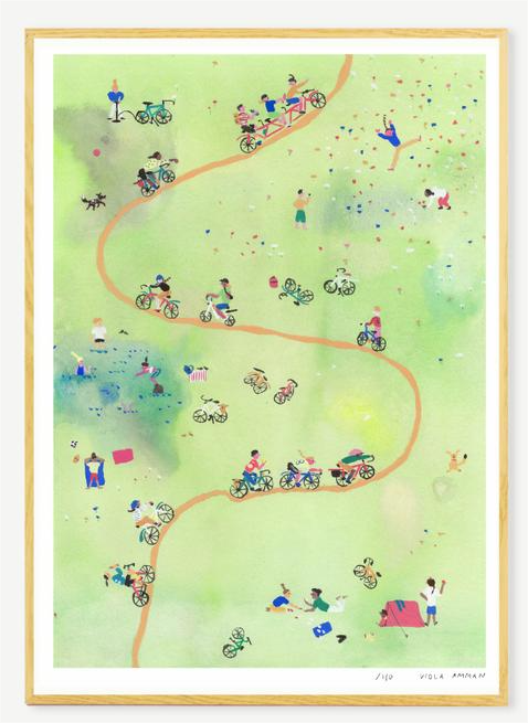 Limited edition A3 risograph print by Viola Amman showing cyclists and small figures moving through a soft green landscape, playful and airy composition, contemporary illustration printed on Munken Print White paper, signed and numbered art print.