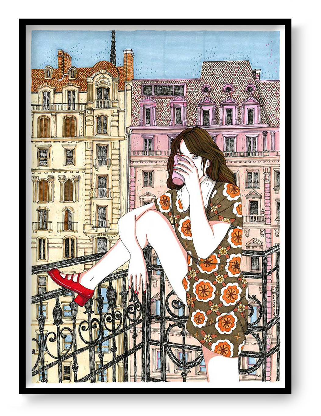 A4 illustration print by Spanish artist Ana Jarén – woman in retro floral dress enjoying coffee on a Paris-style balcony, with pastel architecture in the background, printed on acid-free 200 gsm paper – feminine, urban art for modern interiors.