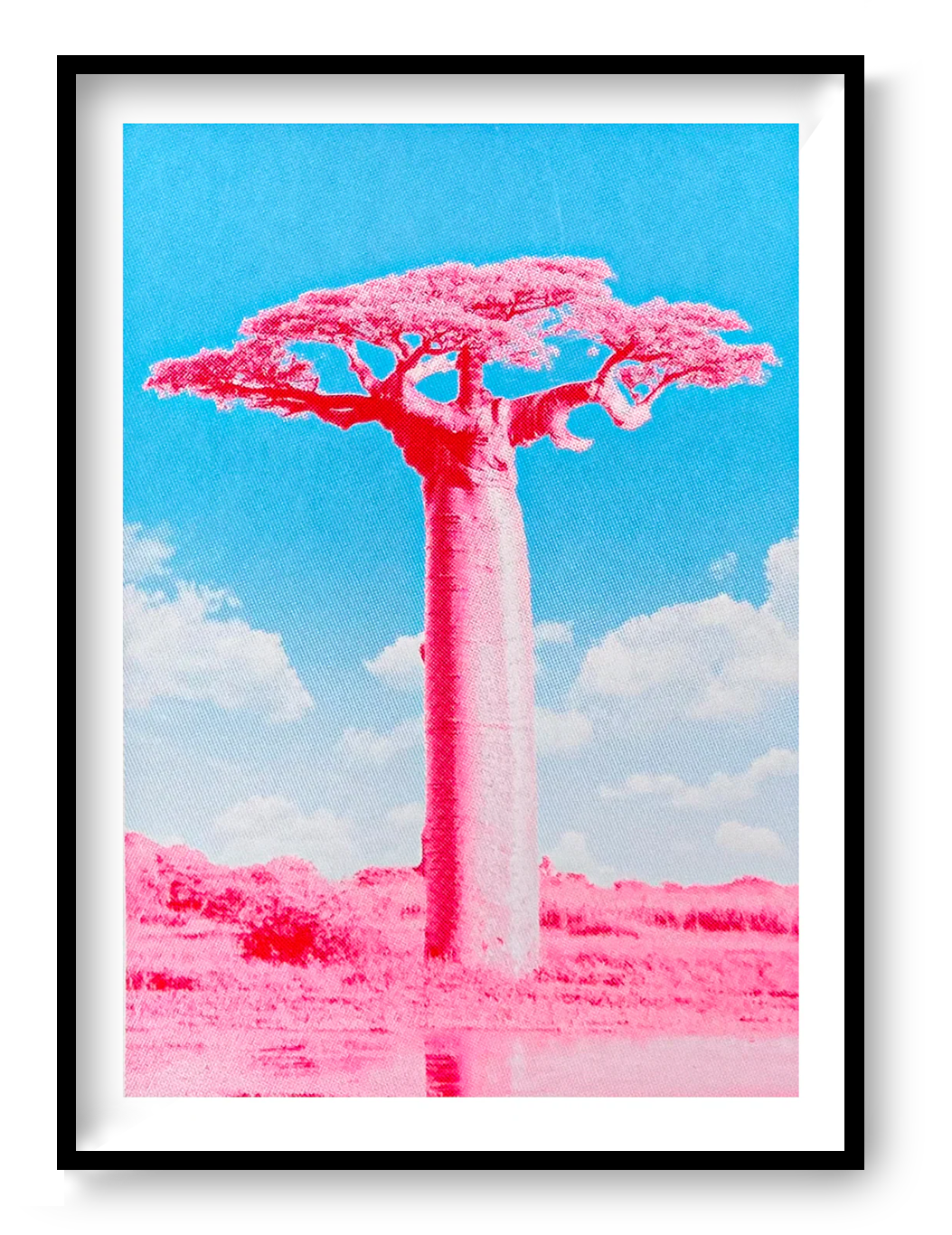 Fluor pink and blue silkscreen art print of a Baobab tree by PTRVRKD, modern handmade A2 screen print on 250 gsm paper, limited edition of 25.