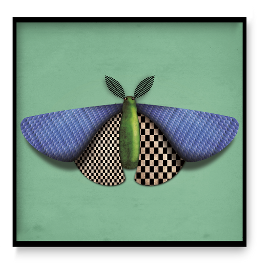 Stylized digital illustration by Studio Frits titled 'Baptiste de Papillon de Nuit,' featuring a geometric moth with textured blue wings, checkered underwings, and a green body set against a vivid teal background. Combining surrealism with modern design, this bold and whimsical insect portrait is perfect for contemporary spaces and fans of unique entomology-inspired art