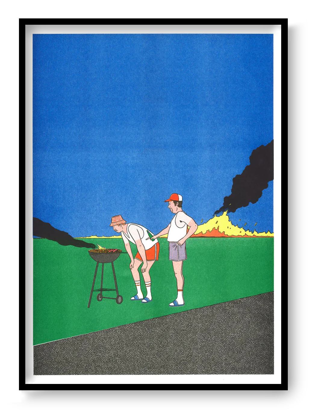Barbeuc by Simon Bailly risograph print – two men at a barbecue with smoke and fire in a vivid blue and green landscape. A playful, colorful French illustration mixing humor, everyday life, and comic-style minimalism. Perfect contemporary wall art for design lovers.