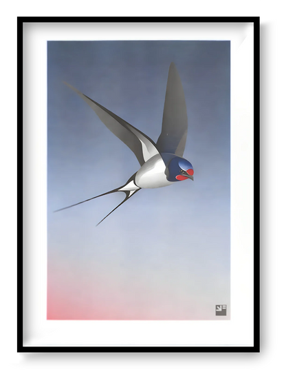Elegant and minimalist illustration by Vrijformaat titled 'Barn Swallow,' featuring a sleek swallow in mid-flight against a smooth gradient background that transitions from soft pink to deep blue. This refined composition captures the grace and motion of the bird with clean lines and subtle texture—ideal for nature lovers, bird enthusiasts, and fans of serene, contemporary design
