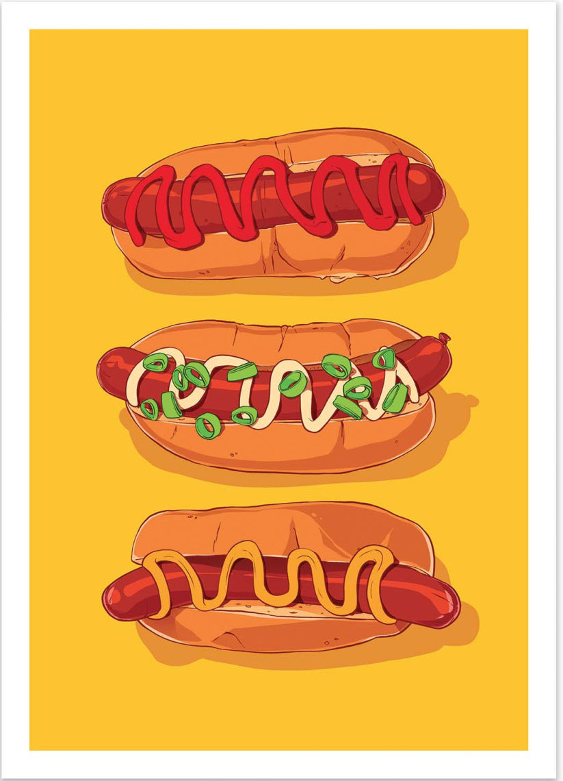 Hotdog Yellow by Barrie Jones – 30x40 cm art print featuring three illustrated hotdogs with ketchup, mustard, and toppings on a bright yellow background. Fun and modern kitchen wall art inspired by food culture.