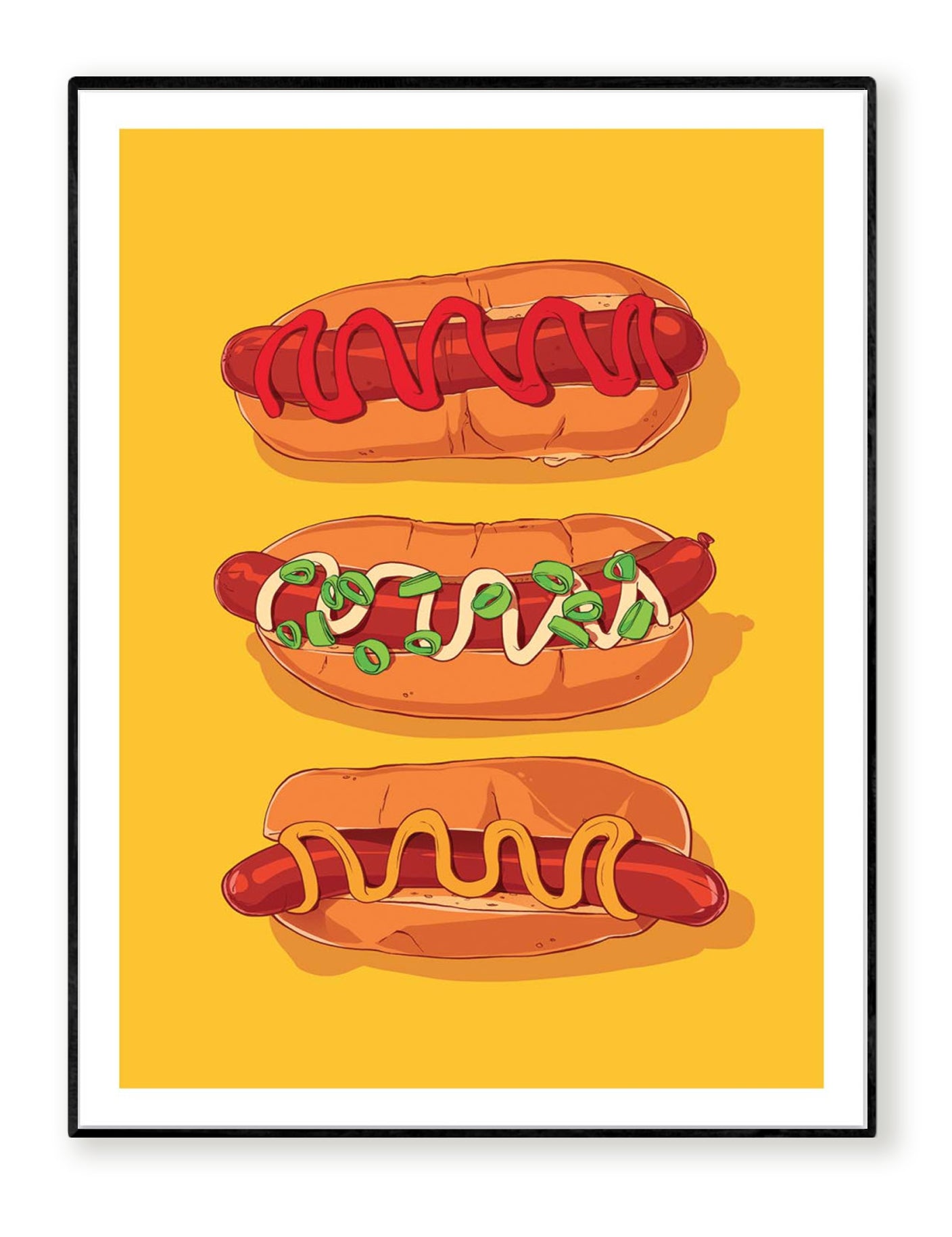 Hotdog Yellow by Barrie Jones – 30x40 cm art print featuring three illustrated hotdogs with ketchup, mustard, and toppings on a bright yellow background. Fun and modern kitchen wall art inspired by food culture.