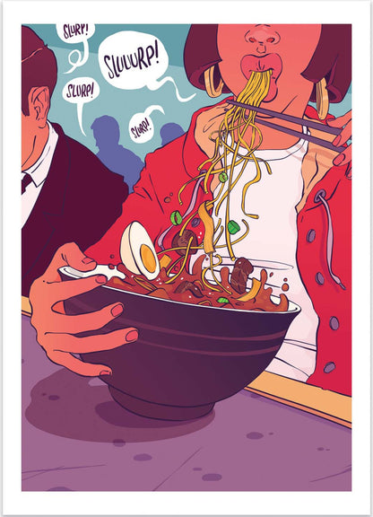 Ramen Shop by Barrie Jones – 30x40 cm colorful art print of a person eating ramen with chopsticks, noodles, egg, and broth illustrated in bold comic-style colors. Perfect Japanese food wall art for kitchens, dining rooms, or restaurant decor.
