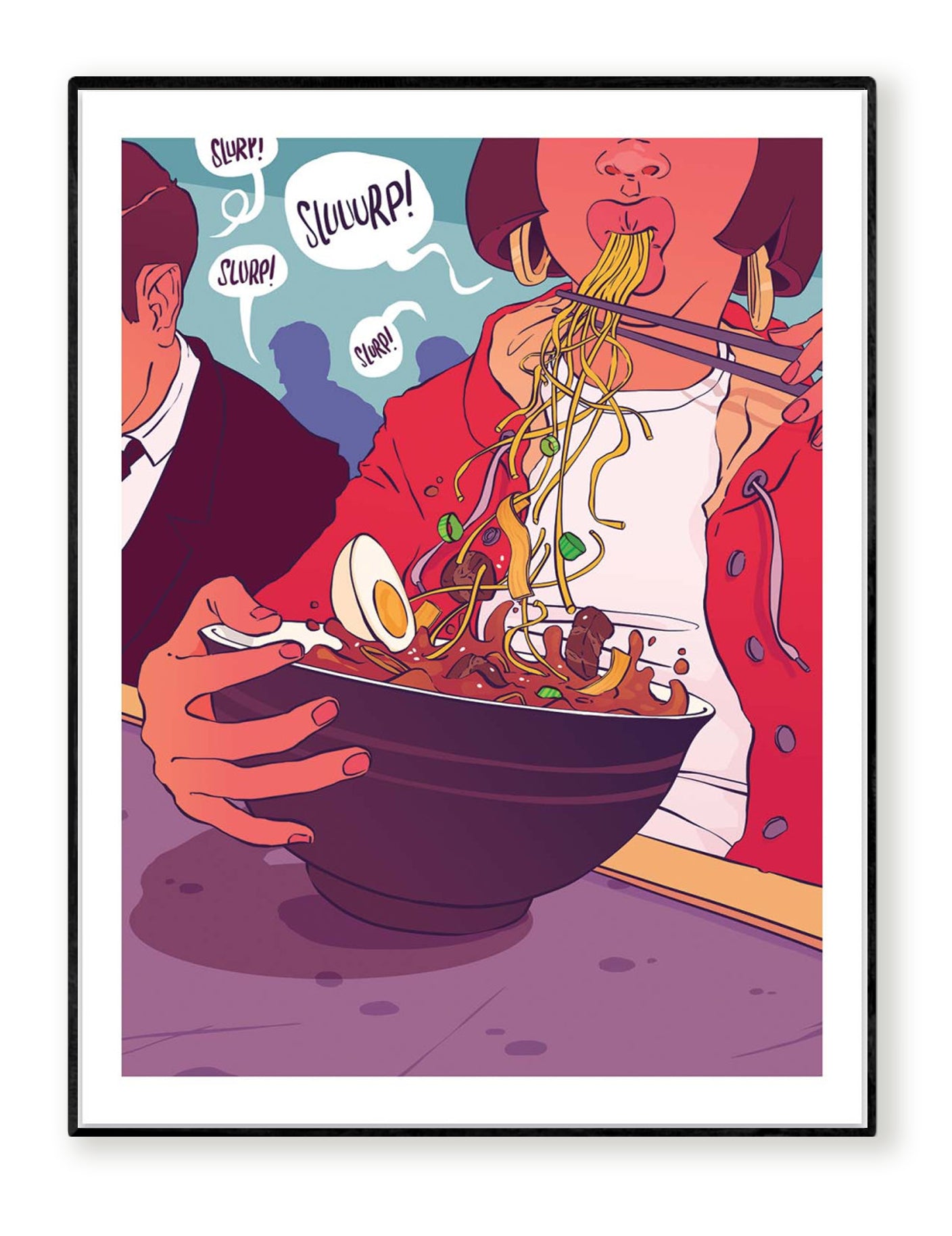 Ramen Shop by Barrie Jones – 30x40 cm colorful art print of a person eating ramen with chopsticks, noodles, egg, and broth illustrated in bold comic-style colors. Perfect Japanese food wall art for kitchens, dining rooms, or restaurant decor.