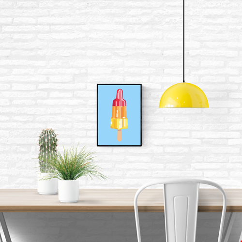 “Rocket Science” by Floor 4 Productions – Colorful A4 art print of a red-yellow rocket-shaped popsicle on a blue background, digital pop art illustration printed in Belgium on matte paper.