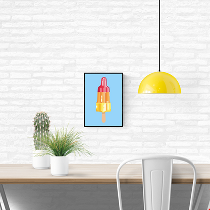 “Rocket Science” by Floor 4 Productions – Colorful A4 art print of a red-yellow rocket-shaped popsicle on a blue background, digital pop art illustration printed in Belgium on matte paper.
