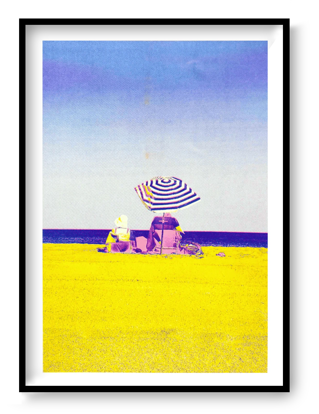 Colorful risograph art print titled “Basque Beach” by PTRVRKD, featuring two people sitting under a striped umbrella on a bright yellow beach with a soft blue-purple sky; A3 limited edition printed on Munken Pure Rough paper. Vibrant modern beach artwork ideal for coastal decor and contemporary wall art collectors.