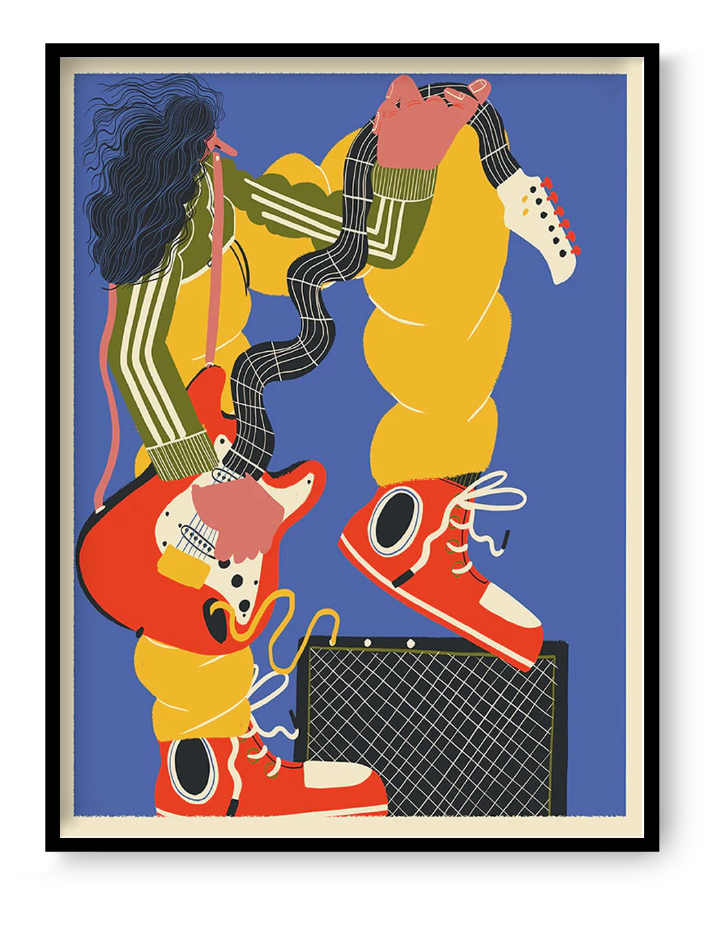 Bold 30x40 cm Giclée print by Spanish artist Miguel Manich – colorful illustration of a musician playing bass guitar with oversized shoes, curly hair, and vibrant details – printed on 190 gsm enhanced matte paper, perfect for music lovers and modern interiors.