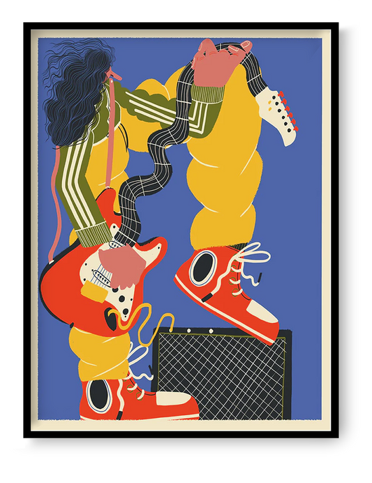 Bold 30x40 cm Giclée print by Spanish artist Miguel Manich – colorful illustration of a musician playing bass guitar with oversized shoes, curly hair, and vibrant details – printed on 190 gsm enhanced matte paper, perfect for music lovers and modern interiors.