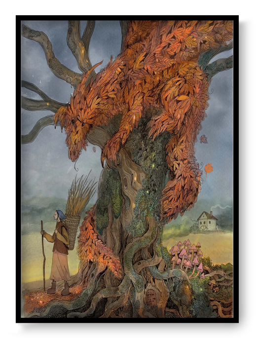 A detailed fantasy illustration titled Beast of Autumn by Lena Yampolski, featuring a majestic dragon made of orange leaves resting in a giant ancient tree while a villager with a basket walks nearby, surrounded by mushrooms and a misty countryside house — a magical autumn scene perfect for cozy interior decor and art lovers.