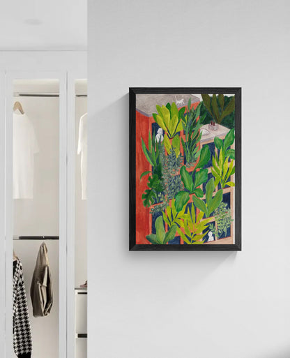 Bloom by Kim Timmermans – botanical illustration of lush green plants surrounding a terracotta building with small white figures at windows, whimsical and vibrant wall art available at Galerie Frits