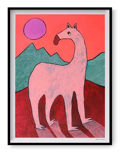 Playful and surreal illustration titled 'Beest 1' by Louise de Meester, featuring a quirky pink creature with an elongated neck set against bold red mountains, green hills, and a purple sun – a whimsical and bold art print for contemporary interiors