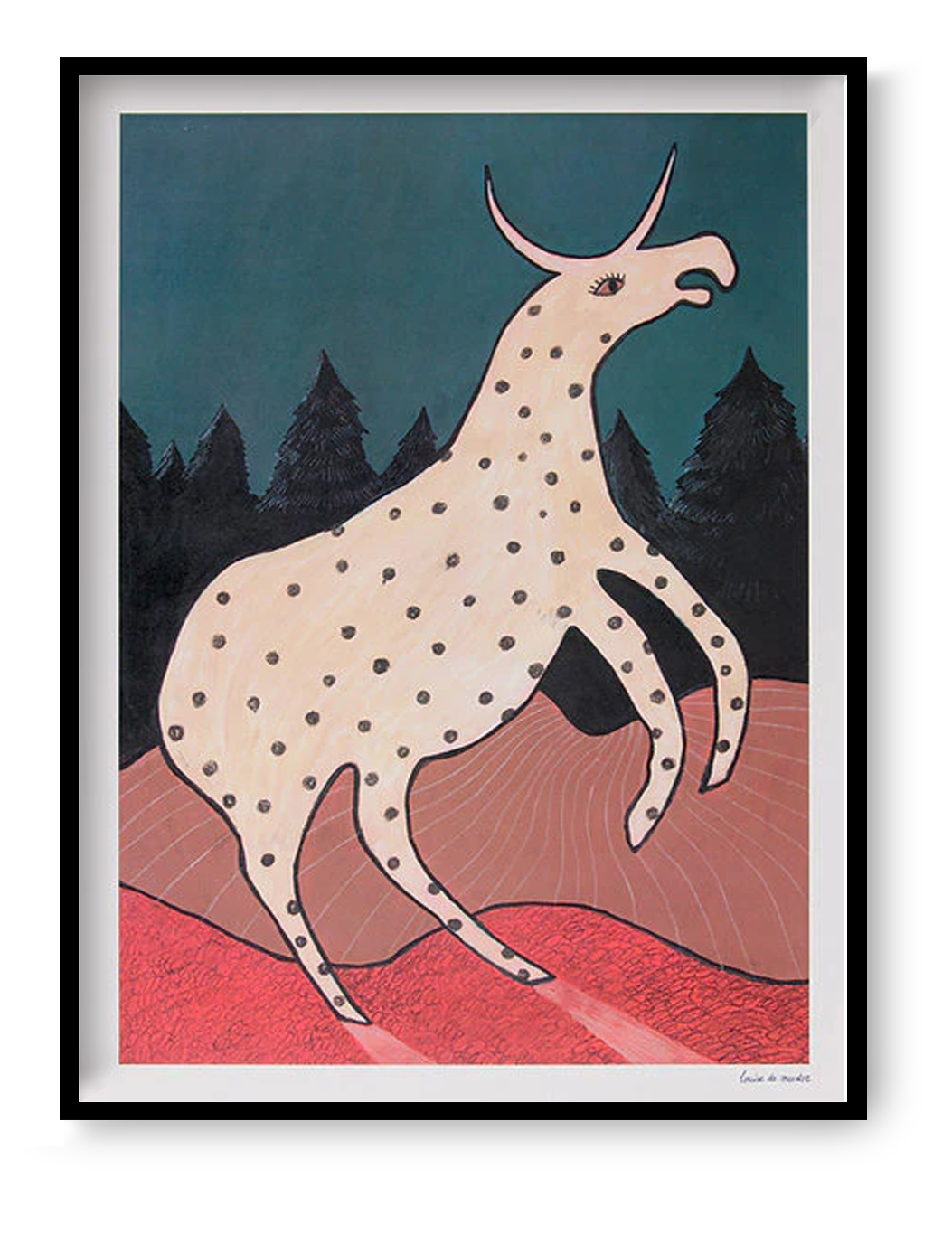 Surreal illustration titled Beest 2 by Louise de Meester, featuring a fantastical cream-colored creature with black spots and a single horn, set against a twilight forest backdrop with bold red terrain and a deep teal sky
