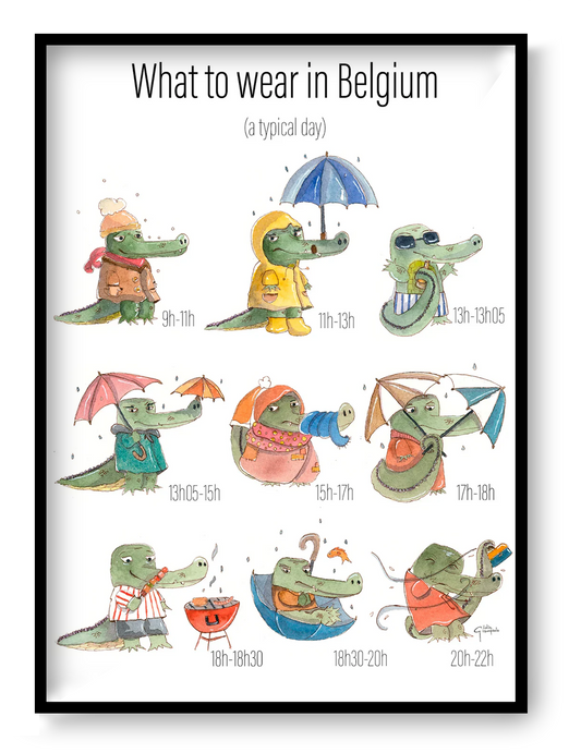 Whimsical watercolor illustration titled “Belgian Day” by Giu Watercolor, showing a crocodile character changing outfits throughout a rainy Belgian day, playful and humorous art print, A4 size, made in Belgium, contemporary European illustration for modern interiors.