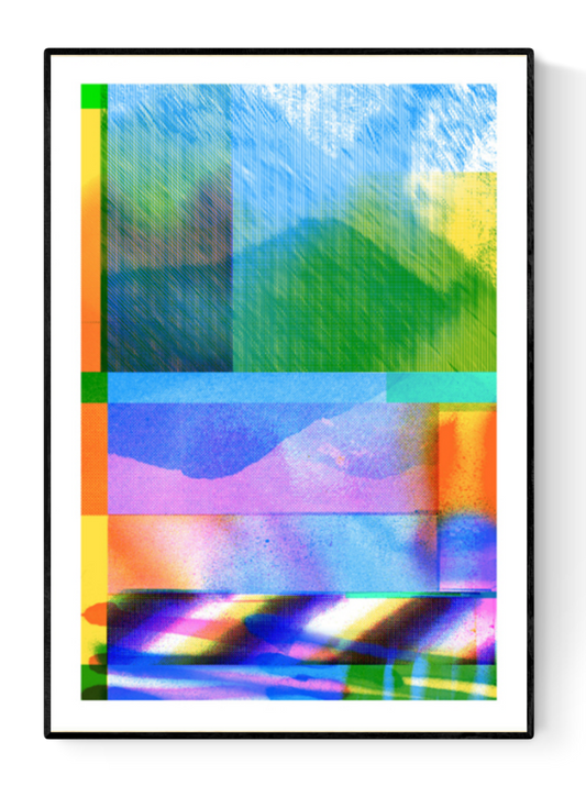 Colorful abstract risograph art print titled La Couleur du Reflet by Ben Coosmans, A3 size, limited edition of 100, signed and numbered – modern graphic print with vibrant colors and digital textures.