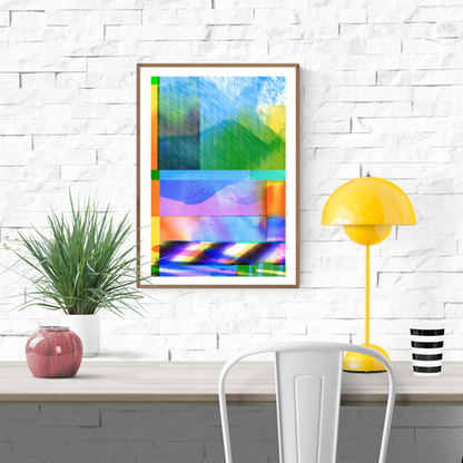 Colorful abstract risograph art print titled La Couleur du Reflet by Ben Coosmans, A3 size, limited edition of 100, signed and numbered – modern graphic print with vibrant colors and digital textures.
