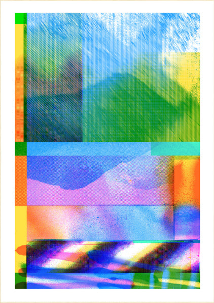 Colorful abstract risograph art print titled La Couleur du Reflet by Ben Coosmans, A3 size, limited edition of 100, signed and numbered – modern graphic print with vibrant colors and digital textures.