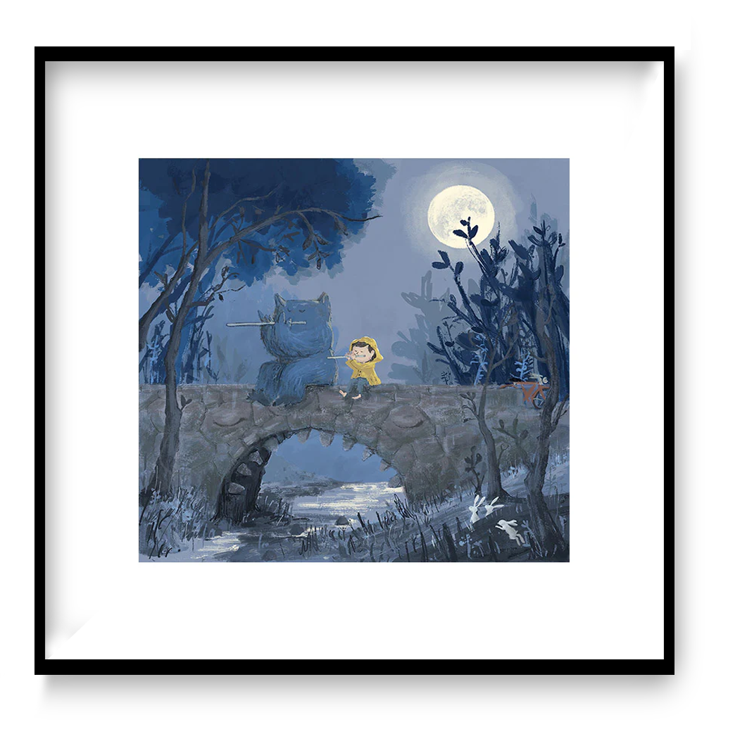 Dreamy giclée art print “Between the River and the Moon” by Willy Leung, 30x30 cm square wall art with soft colors and magical night atmosphere, contemporary illustration for modern home decor.