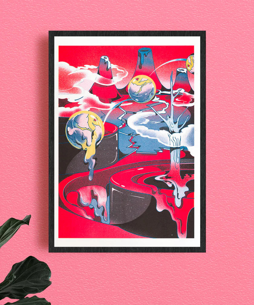 Surreal, vibrant-colored illustration of an abstract volcanic landscape with floating spheres dripping cosmic matter over a red and blue terrain. Psychedelic modern art with a dreamlike atmosphere, perfect for creative interiors and contemporary art lovers.