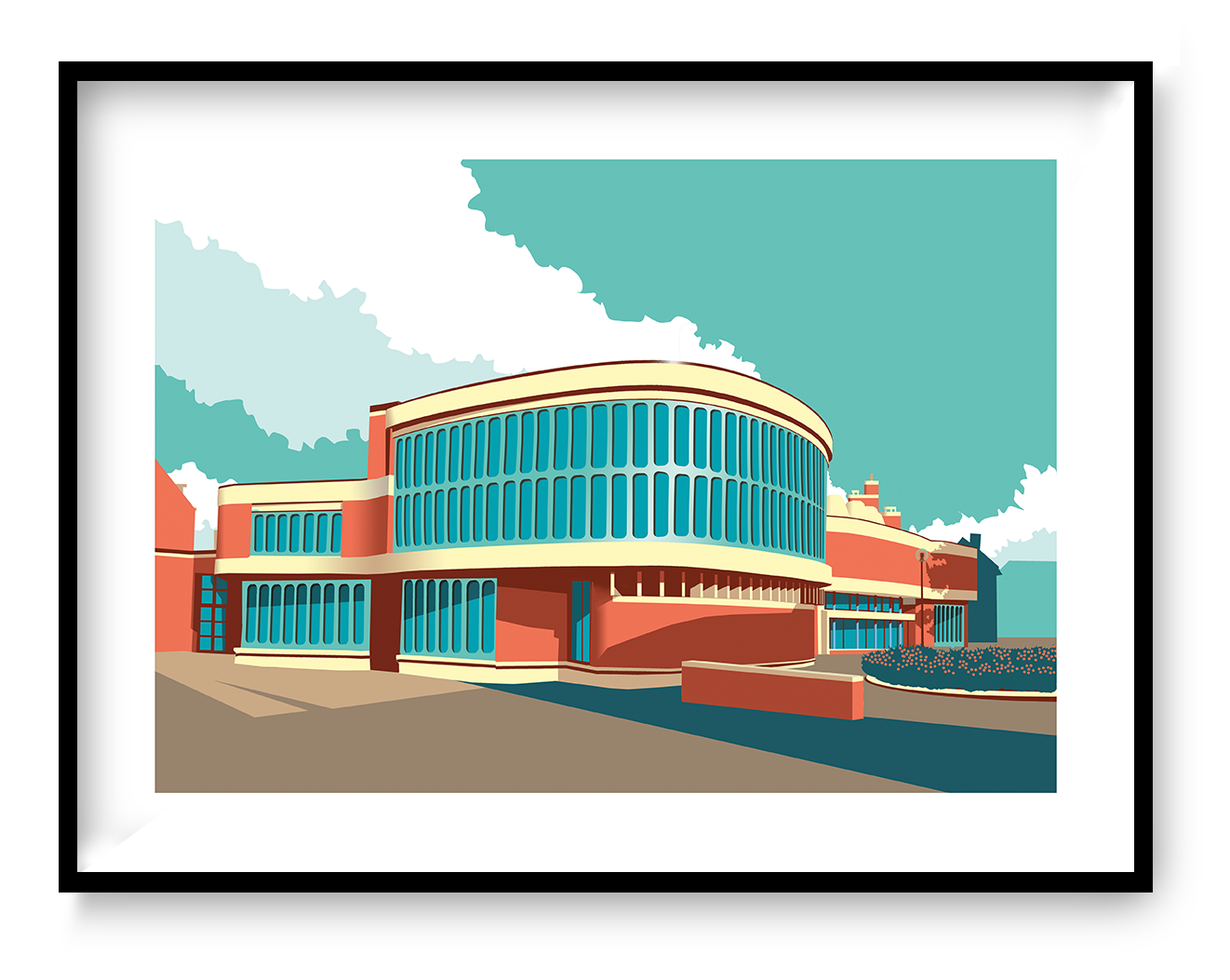 Graphic architectural illustration of the modernist Bibliotheek Schoten designed by Renaat Braem in 1974, iconic Belgian library building depicted in bold geometric style by Studio Frits.