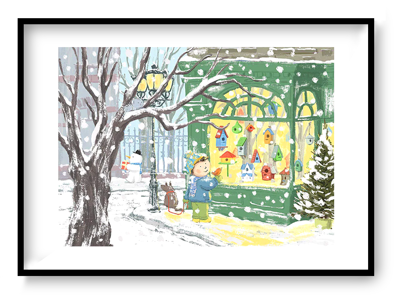 Winter-themed Giclée print by Belgian illustrator Willy Leung – charming A4 art print of a snowy street with a child admiring colorful birdhouses in a shop window – printed with archival pigment inks on 308 gsm Hahnemühle fine art paper.