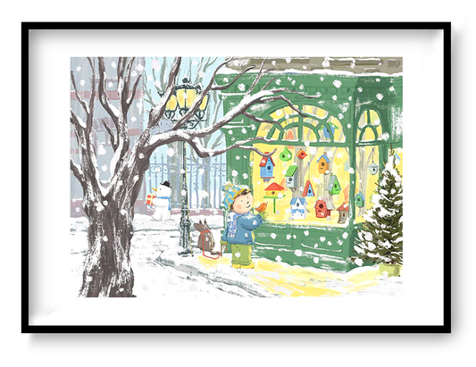 Winter-themed Giclée print by Belgian illustrator Willy Leung – charming A4 art print of a snowy street with a child admiring colorful birdhouses in a shop window – printed with archival pigment inks on 308 gsm Hahnemühle fine art paper.