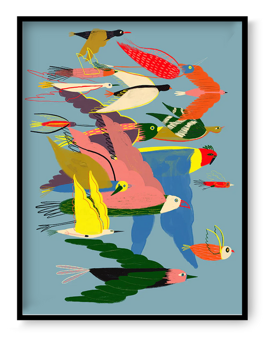 Colourful Giclée art print by Spanish illustrator Miguel Manich featuring a vibrant flock of stylized birds flying against a blue background – 30x40 cm, signed, printed on 190 gsm enhanced matte paper.