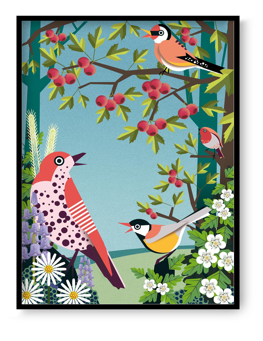 Colorful spring bird illustration by Studio Frits – decorative art print featuring garden birds among blooming cherry blossoms and wildflowers. Vibrant nature-inspired wall art perfect for spring-themed decor, bird lovers, and botanical art collectors. High-quality giclée print ideal for brightening up living rooms, kitchens, or nature-inspired interiors