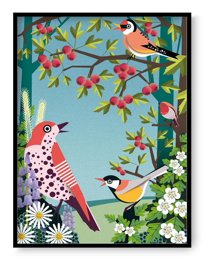 Colorful spring bird illustration by Studio Frits – decorative art print featuring garden birds among blooming cherry blossoms and wildflowers. Vibrant nature-inspired wall art perfect for spring-themed decor, bird lovers, and botanical art collectors. High-quality giclée print ideal for brightening up living rooms, kitchens, or nature-inspired interiors