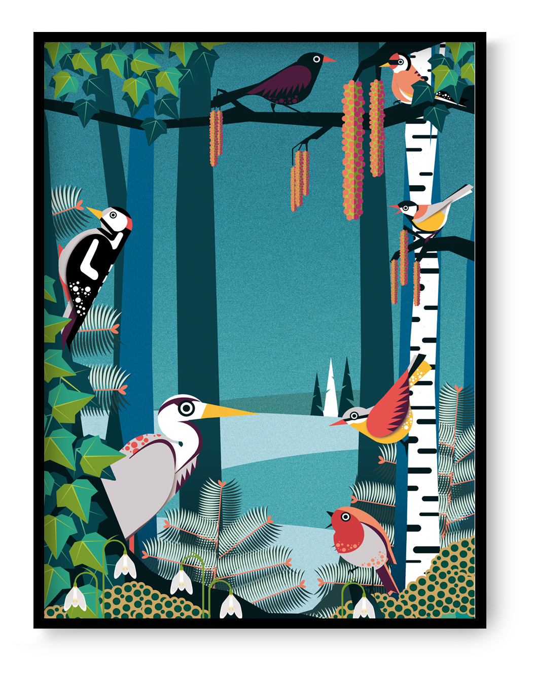 Winter bird illustration by Studio Frits – vibrant art print featuring robins, woodpeckers, and blackbirds among snowy birch trees and frosty foliage. Modern decorative wall art celebrating winter wildlife and seasonal charm. Perfect gift for bird lovers and nature art collectors. High-quality giclée print for cozy interiors and winter-themed home decor