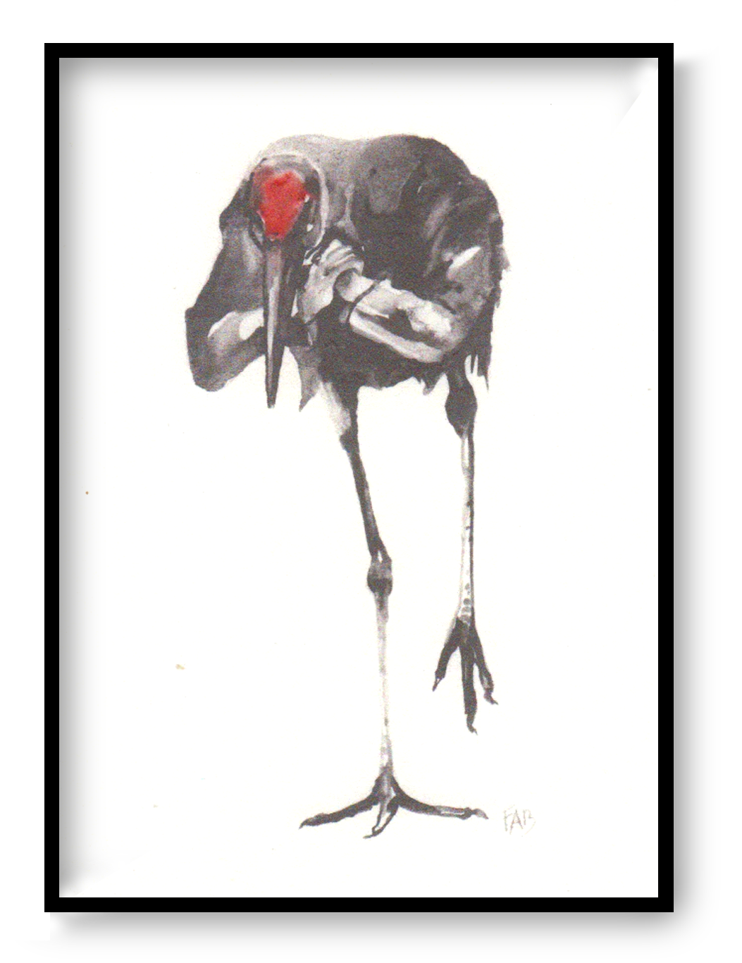 Expressive art print of a black bird by FAB titled 'Black Bird' – minimalist illustration featuring a solitary bird with a striking red head, rendered in delicate watercolor tones. Contemporary avian artwork with emotional depth, perfect for modern interiors and bird art collectors