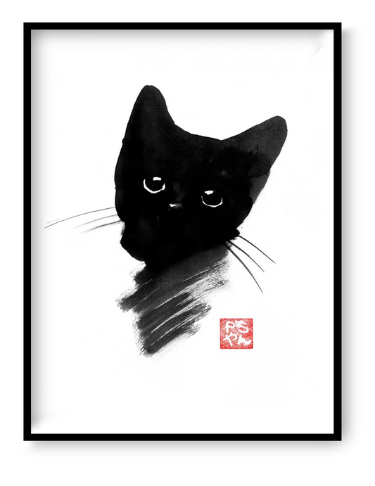 Black Kitty by Pechane Sumie – 30x40 cm Japanese sumi-e style art print of a black kitten with large expressive eyes, painted in bold black ink on white background. Minimalist cat wall art for elegant and zen interiors.