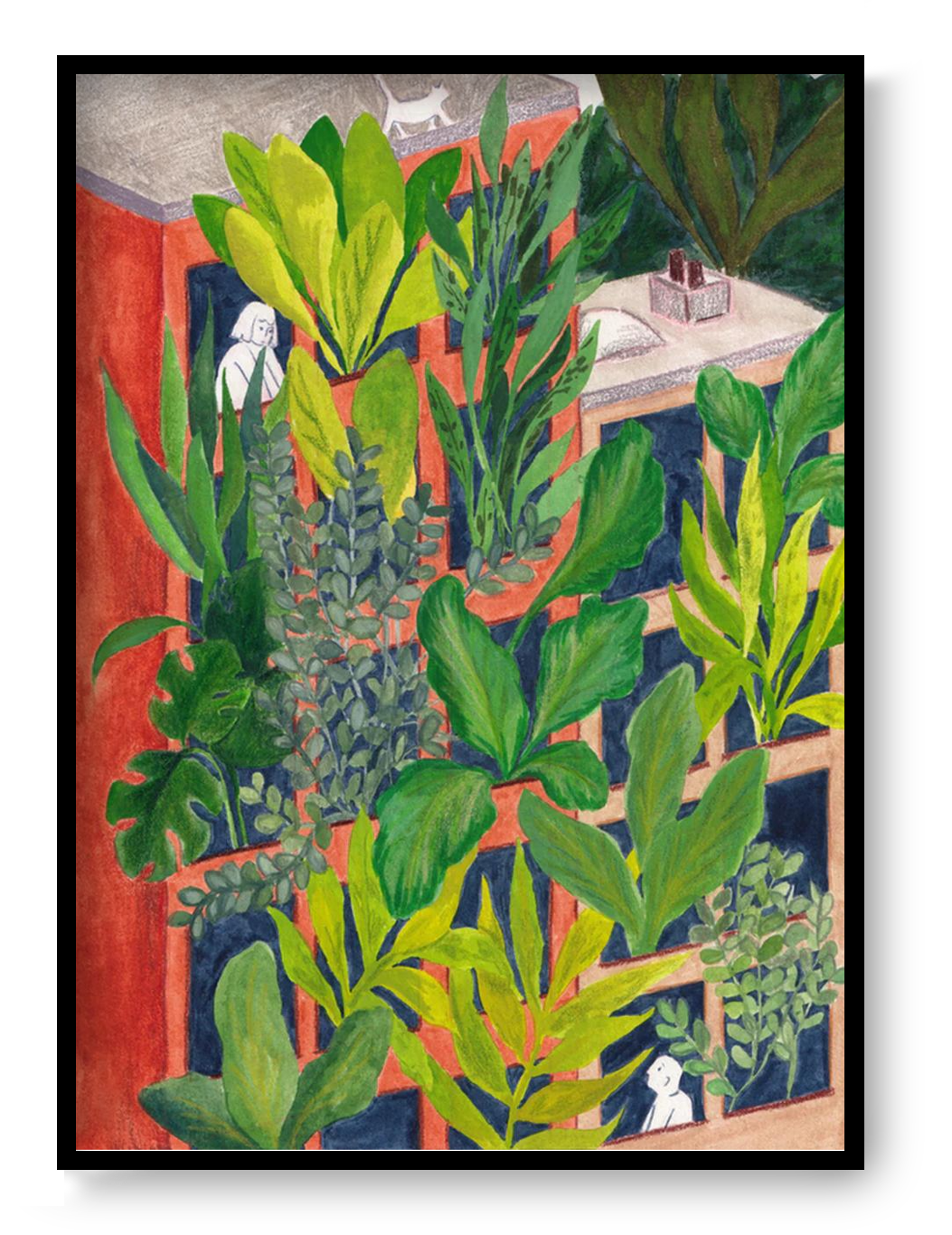Bloom by Kim Timmermans – botanical illustration of lush green plants surrounding a terracotta building with small white figures at windows, whimsical and vibrant wall art available at Galerie Frits