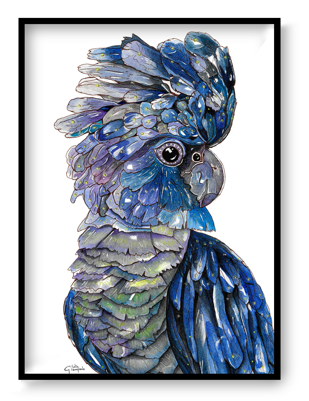 Blue-black cockatoo watercolor art print by Giu, A4 size, featuring an expressive parrot with deep blue feathers and fine details, printed on Modigliani Neve 320 g paper, contemporary animal wall art made in Belgium.