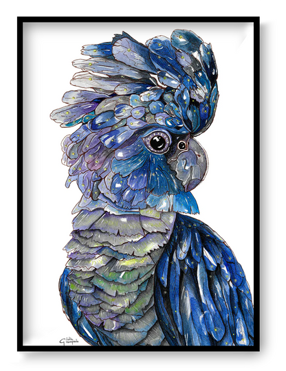 Blue-black cockatoo watercolor art print by Giu, A4 size, featuring an expressive parrot with deep blue feathers and fine details, printed on Modigliani Neve 320 g paper, contemporary animal wall art made in Belgium.