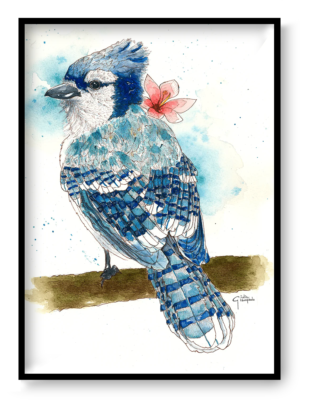 Blue jay watercolor art print by Giu, featuring a detailed blue bird perched on a branch with soft blue tones and a pink flower, contemporary nature wall art, A4 illustration
