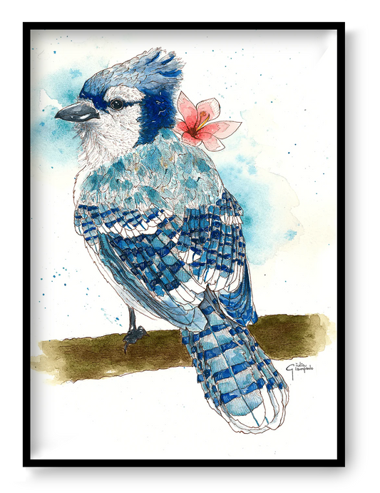 Blue jay watercolor art print by Giu, featuring a detailed blue bird perched on a branch with soft blue tones and a pink flower, contemporary nature wall art, A4 illustration