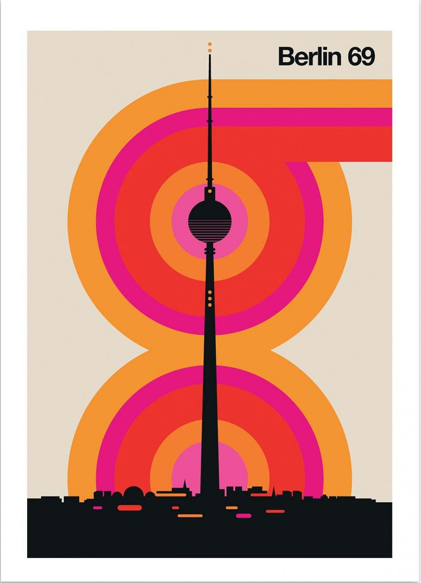 Berlin 69 by Bo Lundberg – 30x40 cm retro art print featuring the Berlin TV Tower with vibrant concentric circles in orange and pink, inspired by 1960s and 1970s graphic design. Minimalist geometric style, printed on FSC-certified paper in France, unframed, eco-friendly urban wall art for design and architecture lovers.